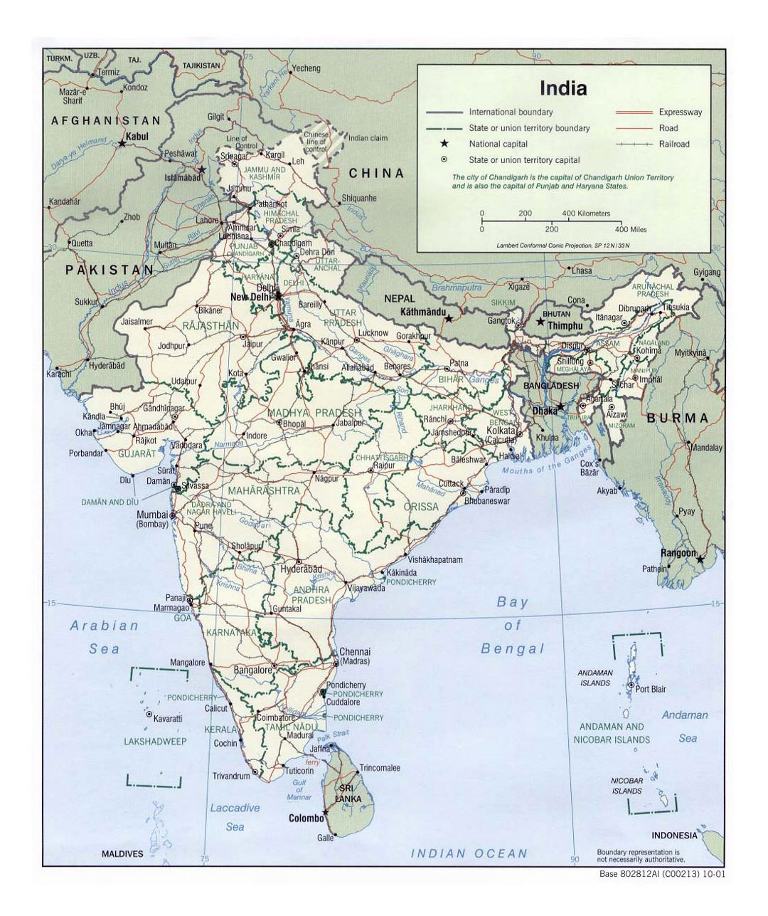 Large political and administrative map of India with roads, railroads and major cities - 2001
