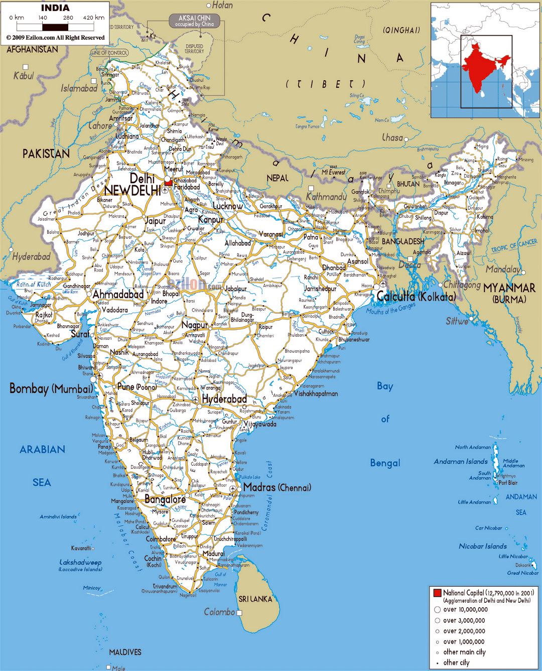 Large road map of India with cities and airports