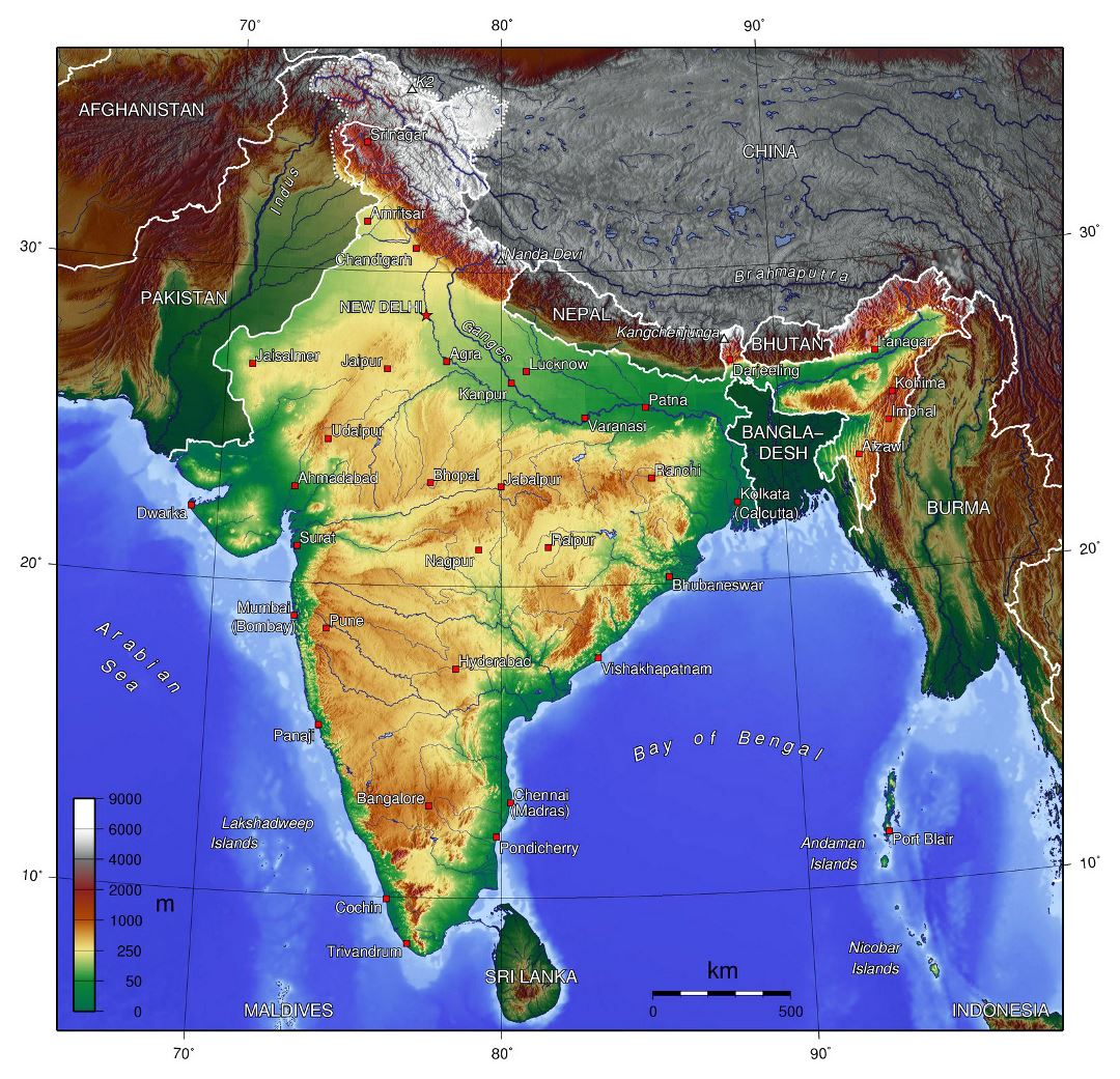 Large topographical map of India