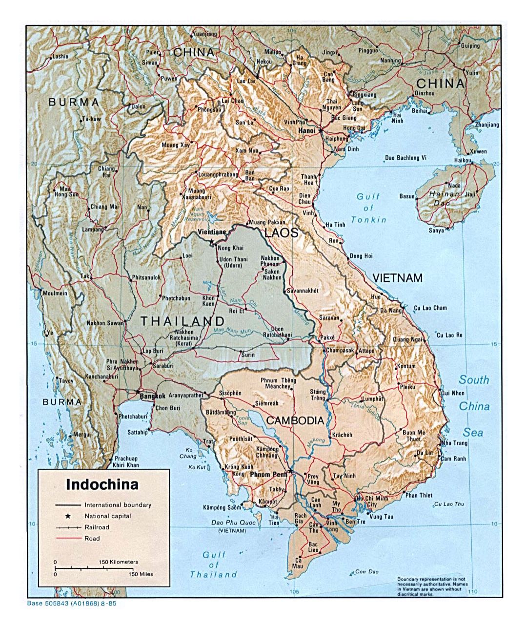 Detailed political map of Indochina with relief, roads and major cities - 1985