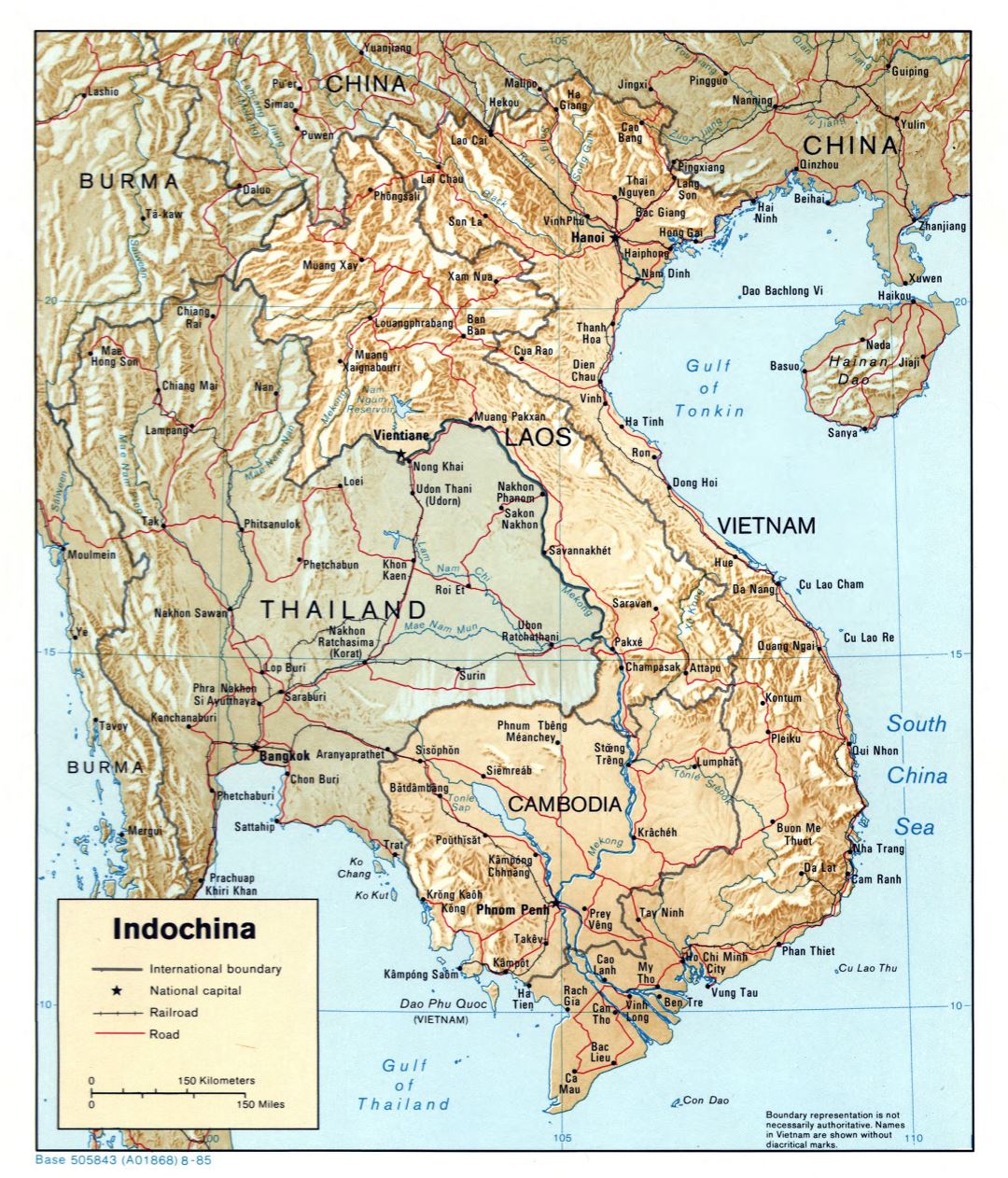 Large detailed political map of Indochina with relief, roads and major cities - 1985