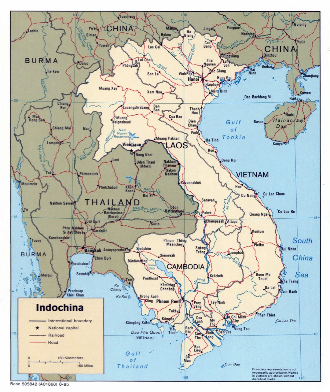 Large detailed political map of Indochina with roads and major cities - 1985