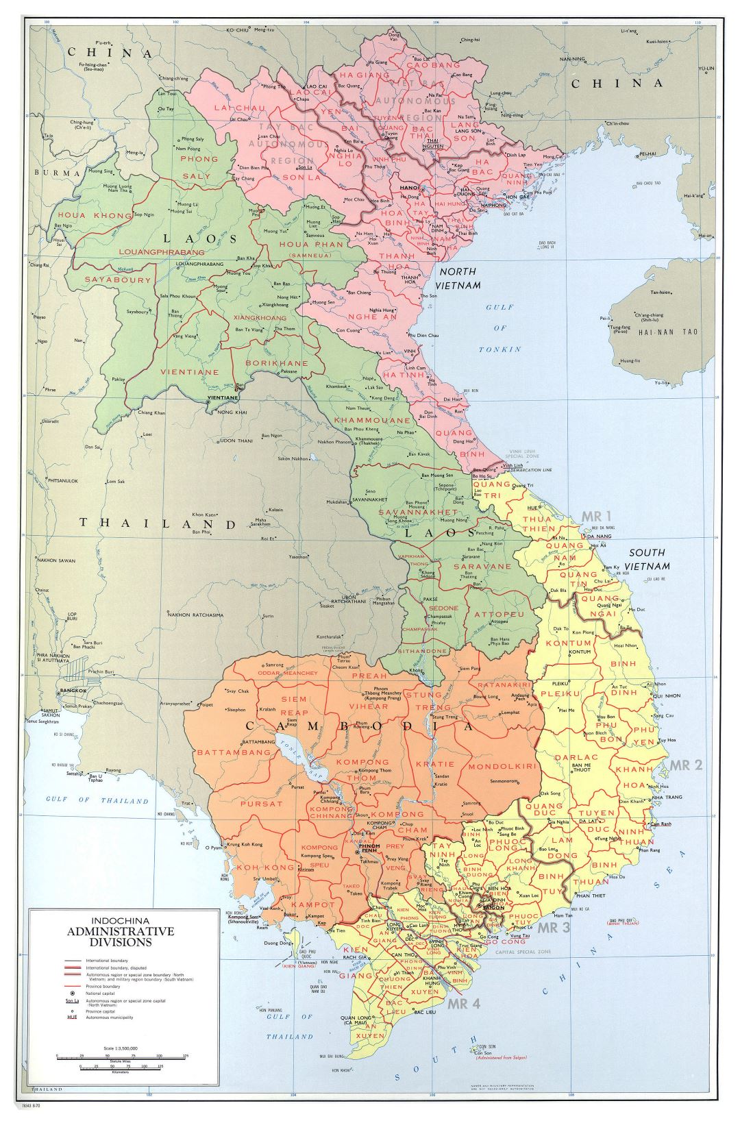 Large scale administrative divisions map of Indochina - 1970