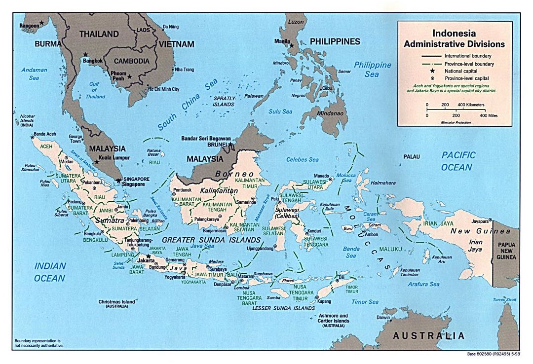 Large administrative divisions map of Indonesia with major cities - 1998