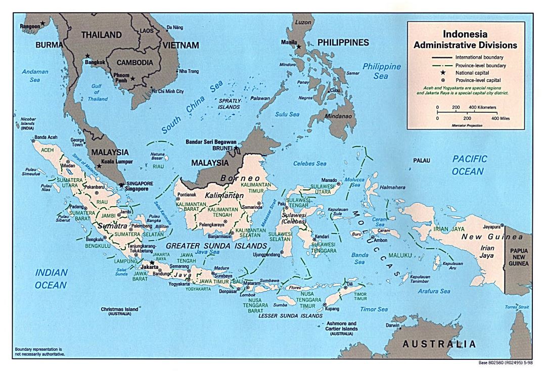 Large administrative divisions map of Indonesia with major cities - 1998