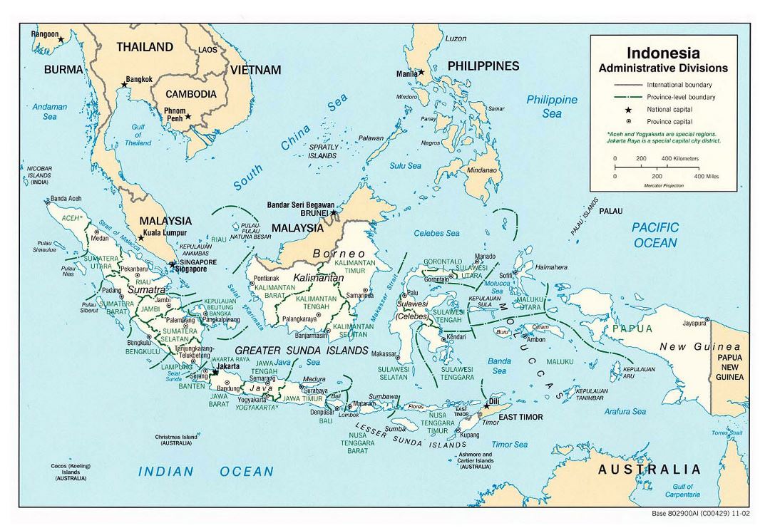 Large administrative divisions map of Indonesia with major cities - 2002