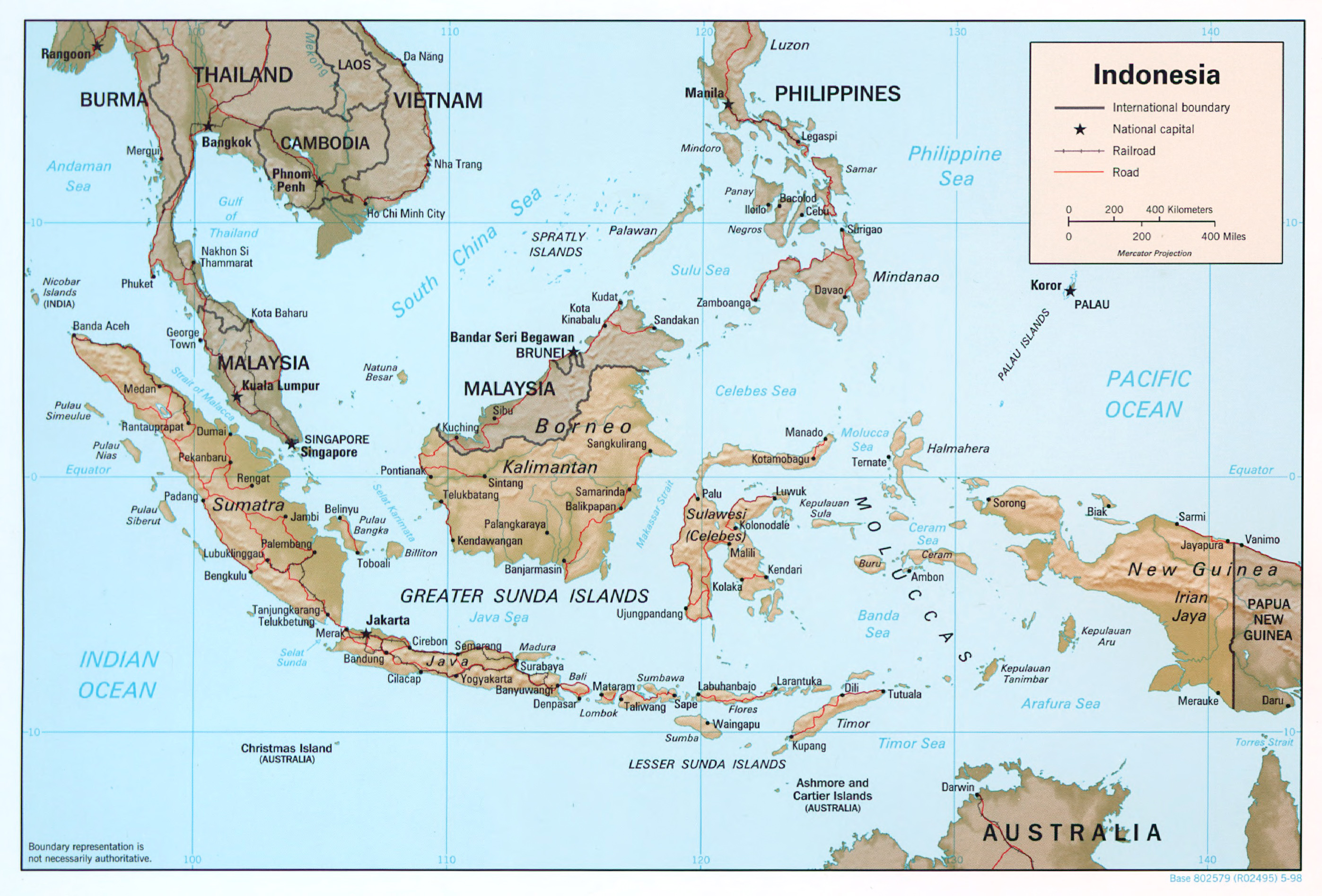 Large detailed political map of Indonesia with relief, roads, railroads