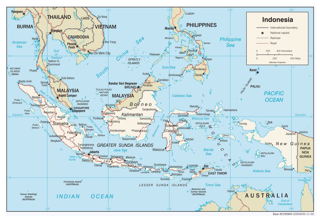 Large detailed political map of Indonesia with roads and major cities - 2002