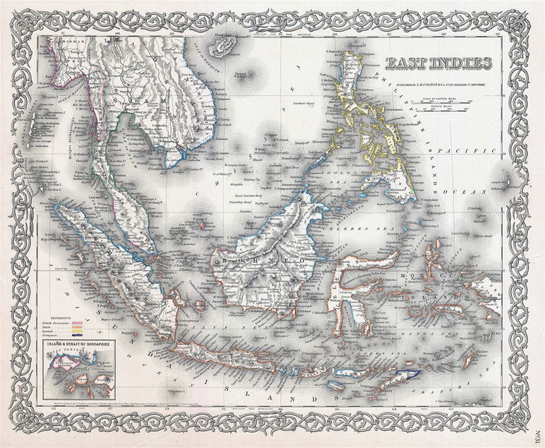 Large old map of East Indies with relief - 1855