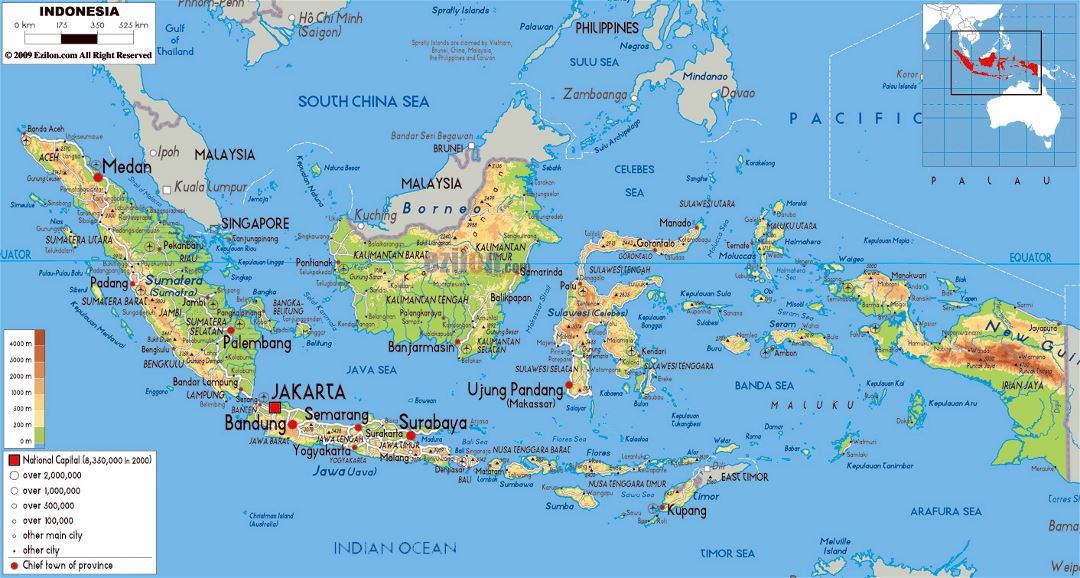 Large physical map of Indonesia with roads, cities and airports