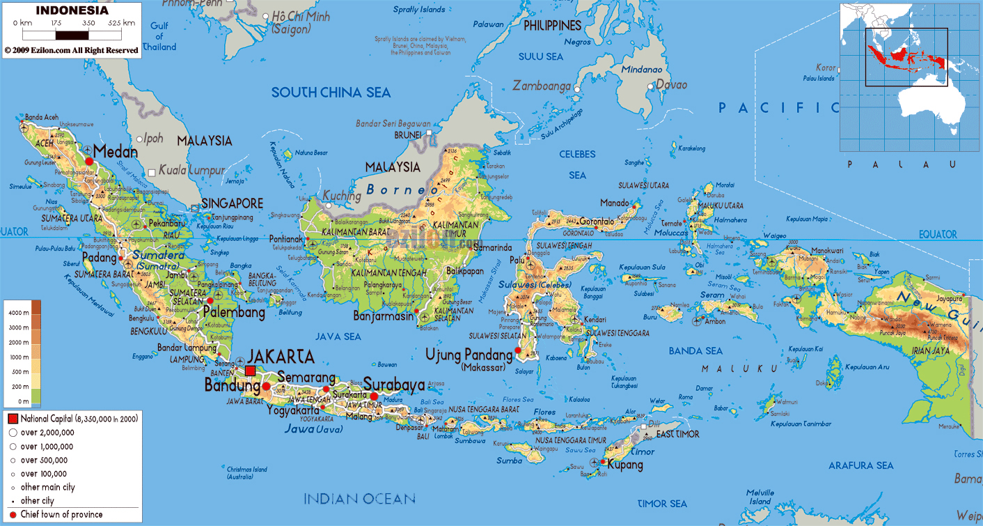 Large physical map of Indonesia with roads, cities and airports