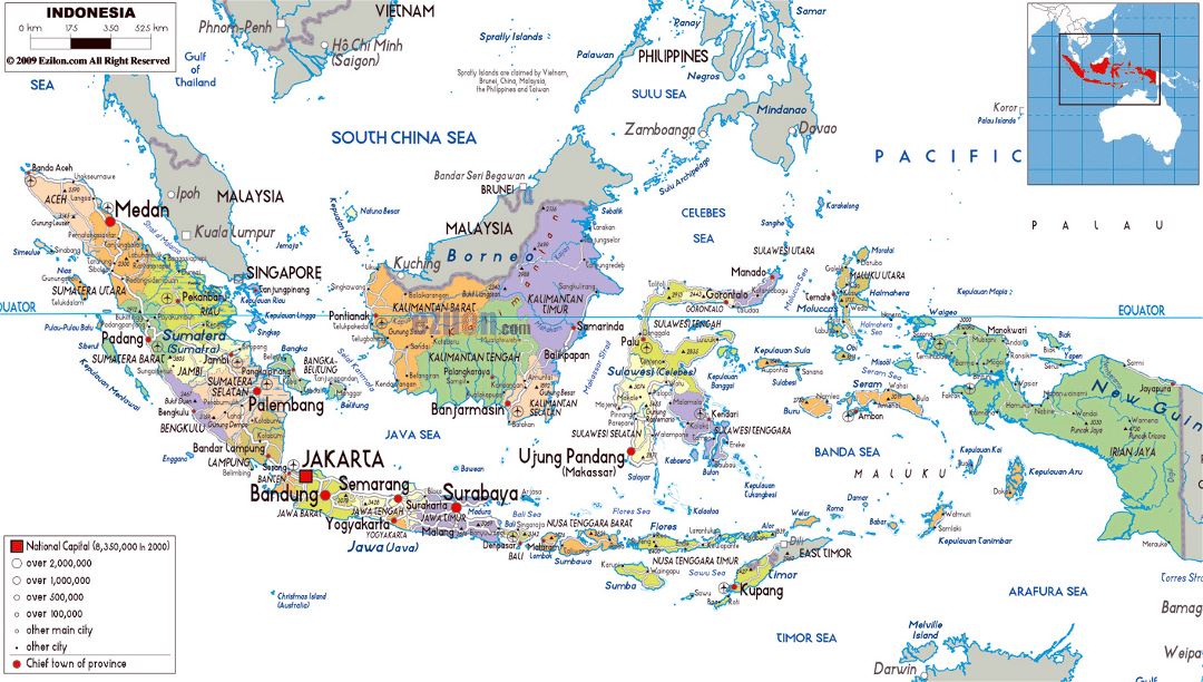 Large political and administrative map of Indonesia with roads, cities and airports