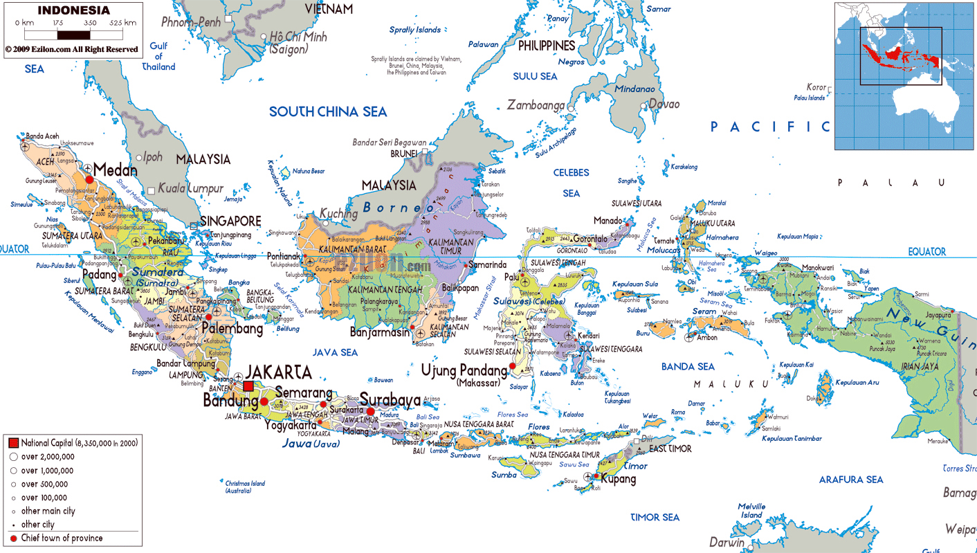 Large political and administrative map of Indonesia with roads, cities