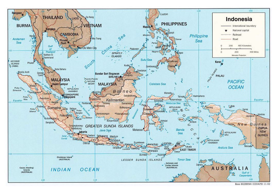 Large political map of Indonesia with relief, roads and major cities - 2002