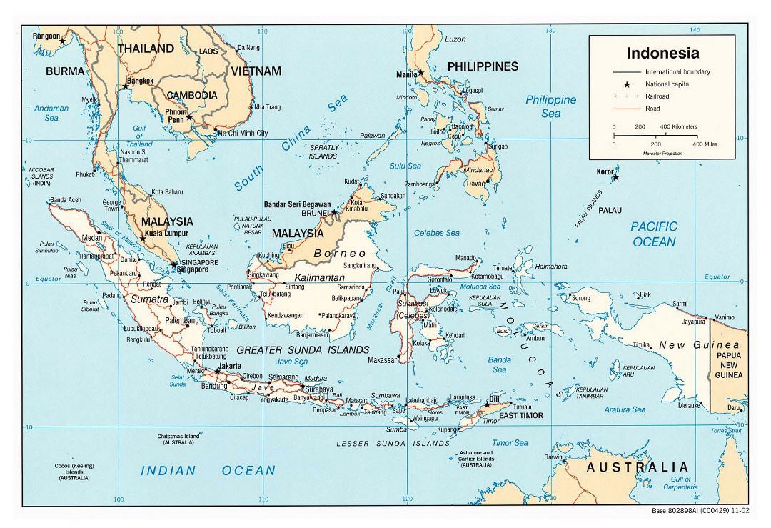 Large political map of Indonesia with roads and major cities - 2002