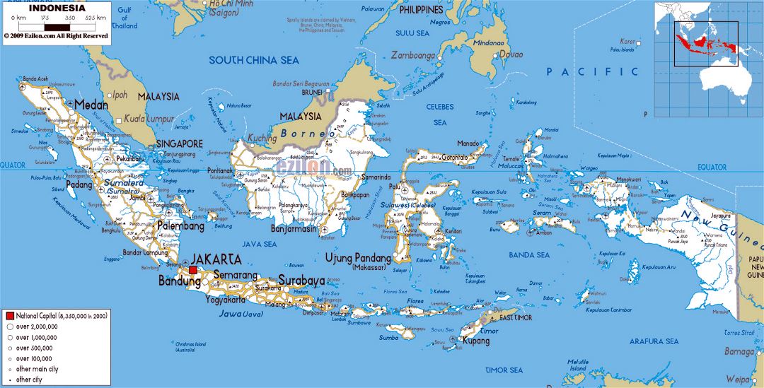 Large road map of Indonesia with cities and airports