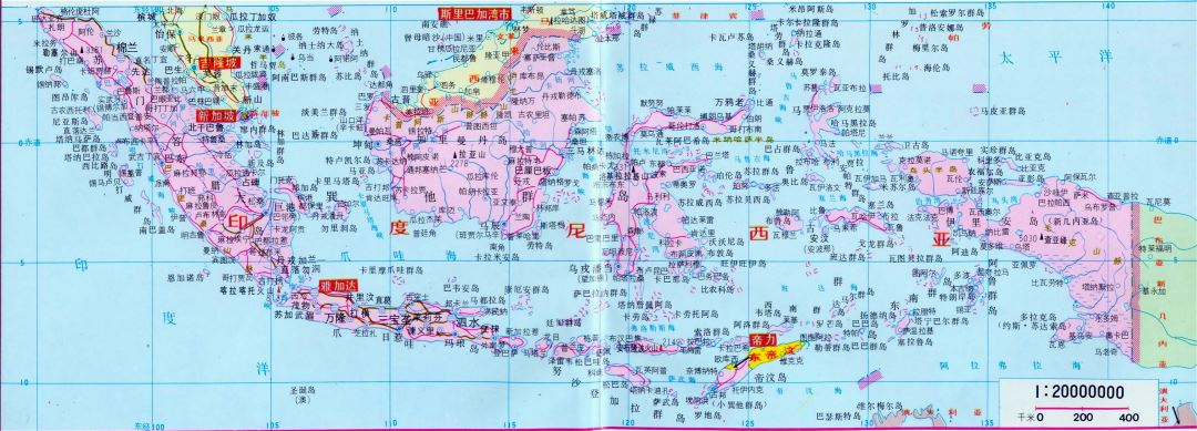 Large road map of Indonesia with cities in chinese