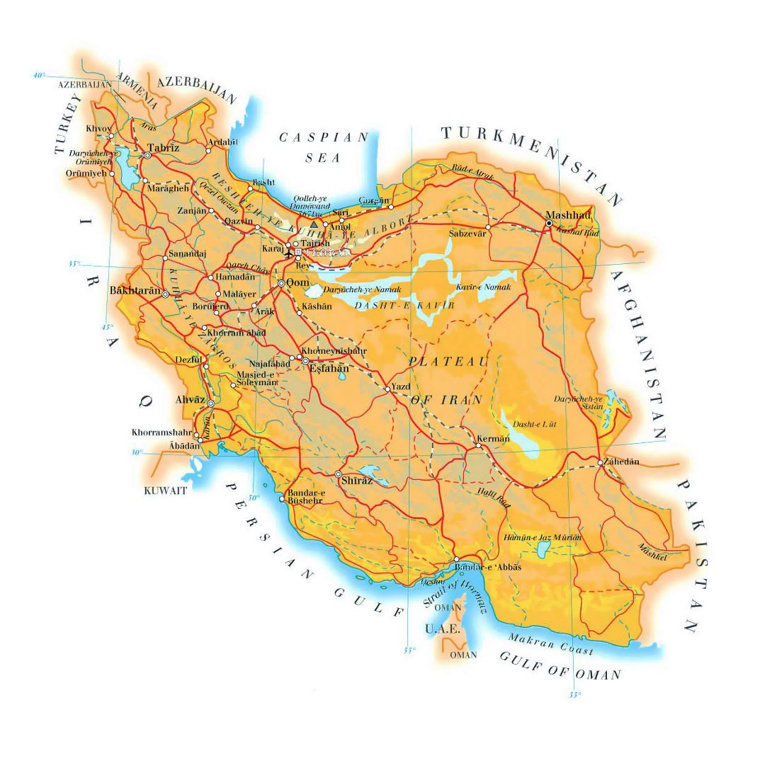 Detailed elevation map of Iran with roads, cities and airports