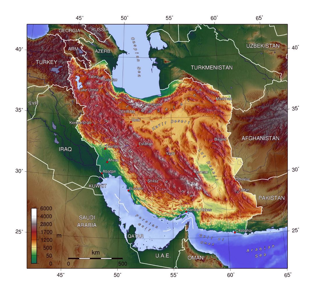 Detailed physical map of Iran