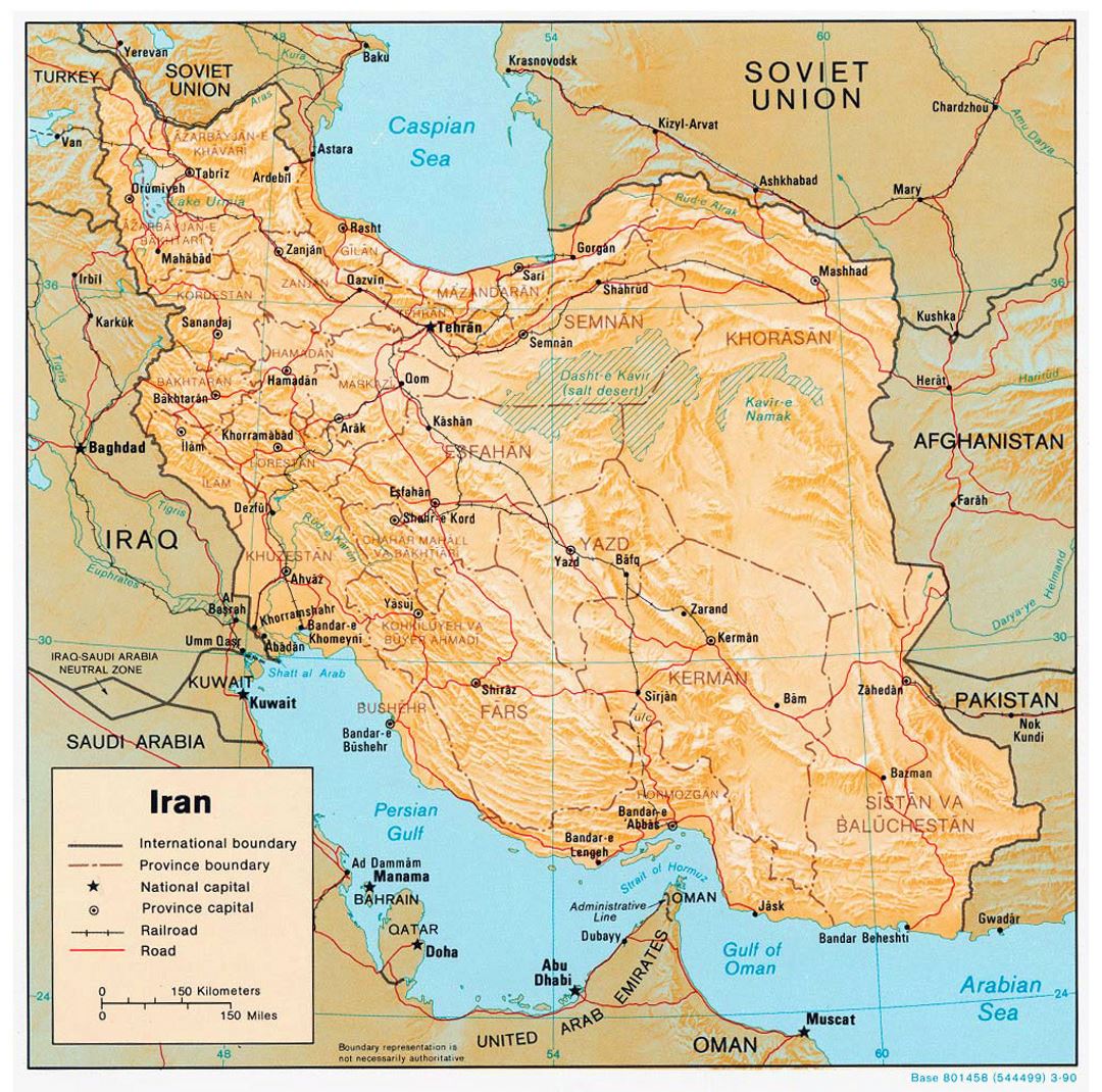 Detailed political and administrative map of Iran with relief, roads, railroads and cities - 1990