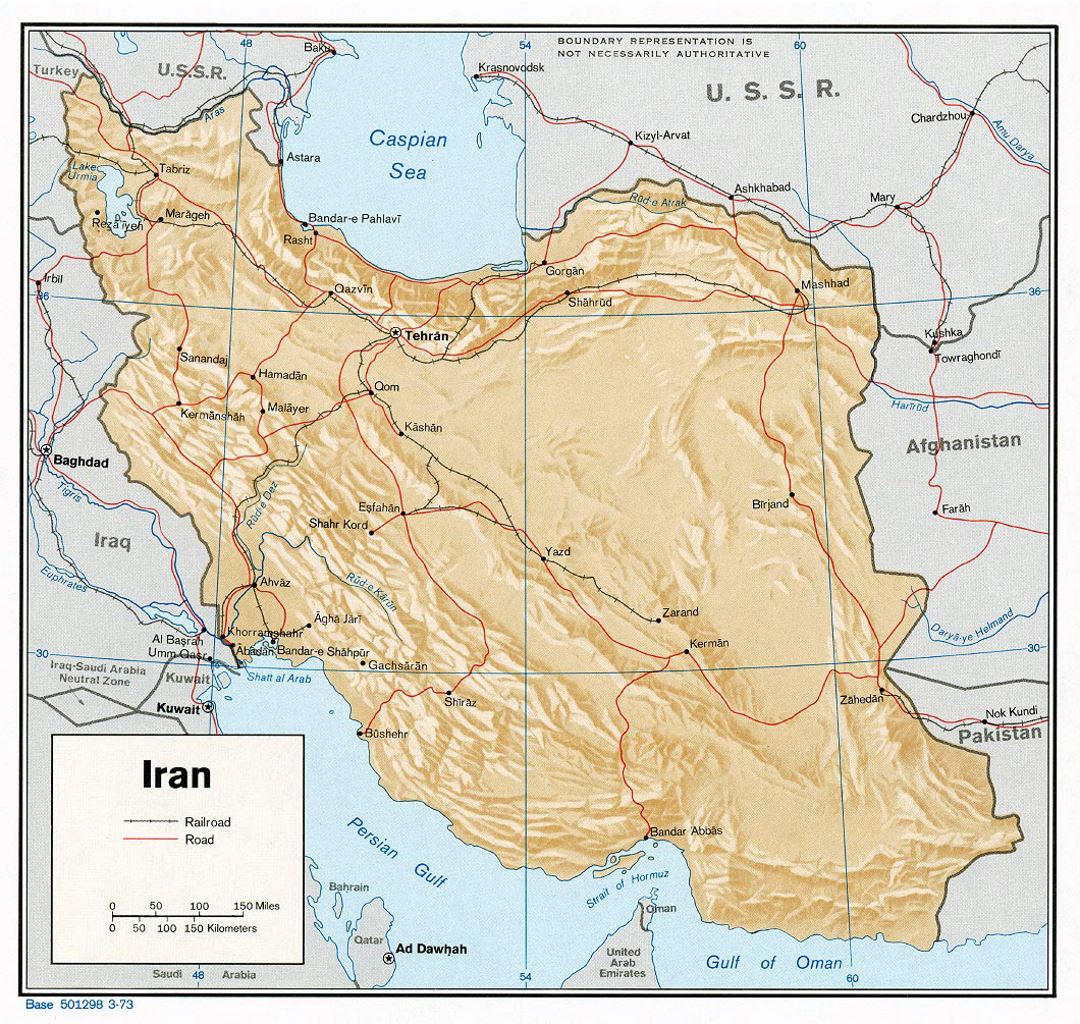 Detailed political map of Iran with relief, roads, railroads and major cities - 1973