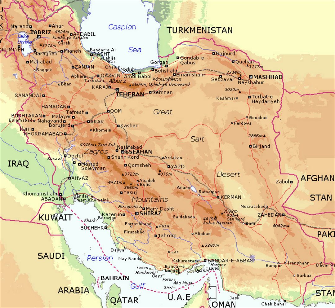 Elevation map of Iran with cities