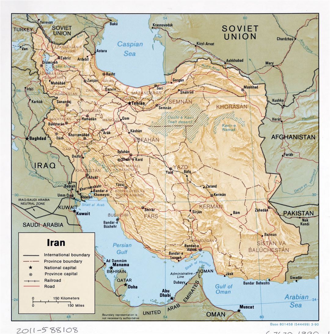 Large detailed political and administrative map of Iran with relief, roads, railroads and major cities - 1990