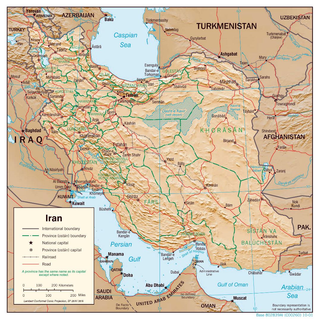 Large detailed political and administrative map of Iran with relief, roads, railroads and major cities - 2001