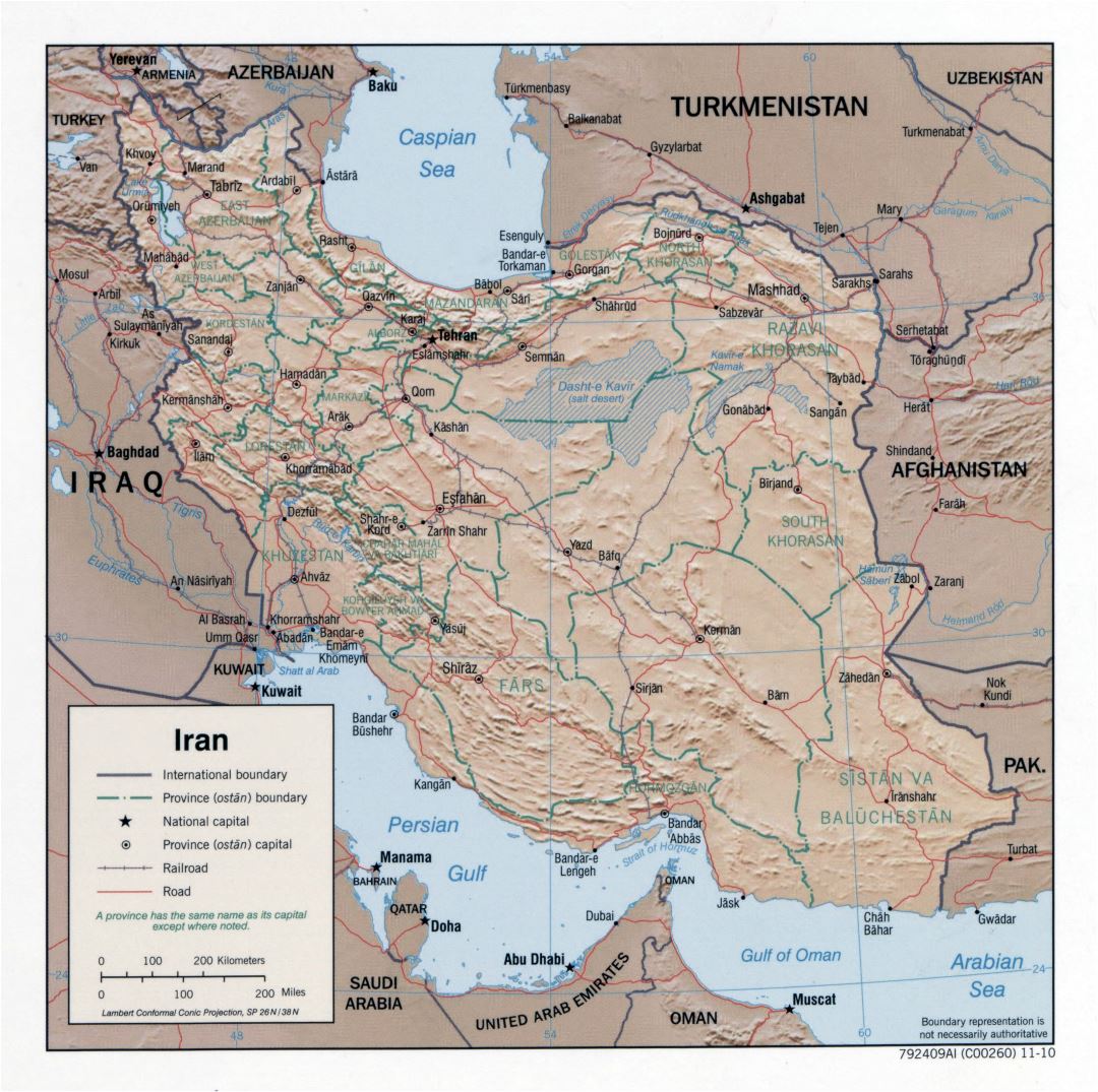 Large detailed political and administrative map of Iran with relief, roads, railroads and major cities - 2010