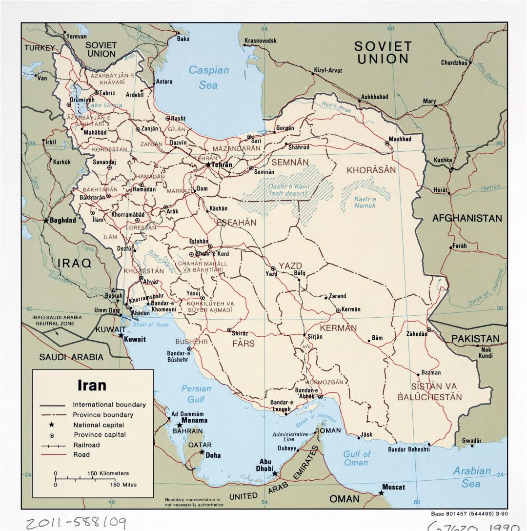 Large detailed political and administrative map of Iran with roads, railroads and major cities - 1990