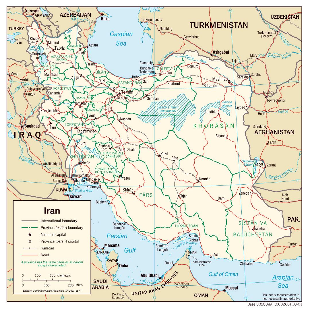 Large detailed political and administrative map of Iran with roads, railroads and major cities - 2001