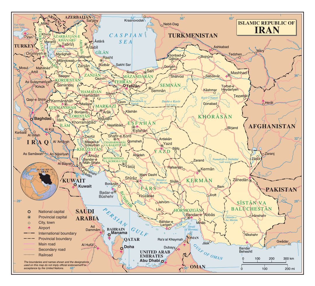 Large detailed political map of Iran with roads, cities and airports