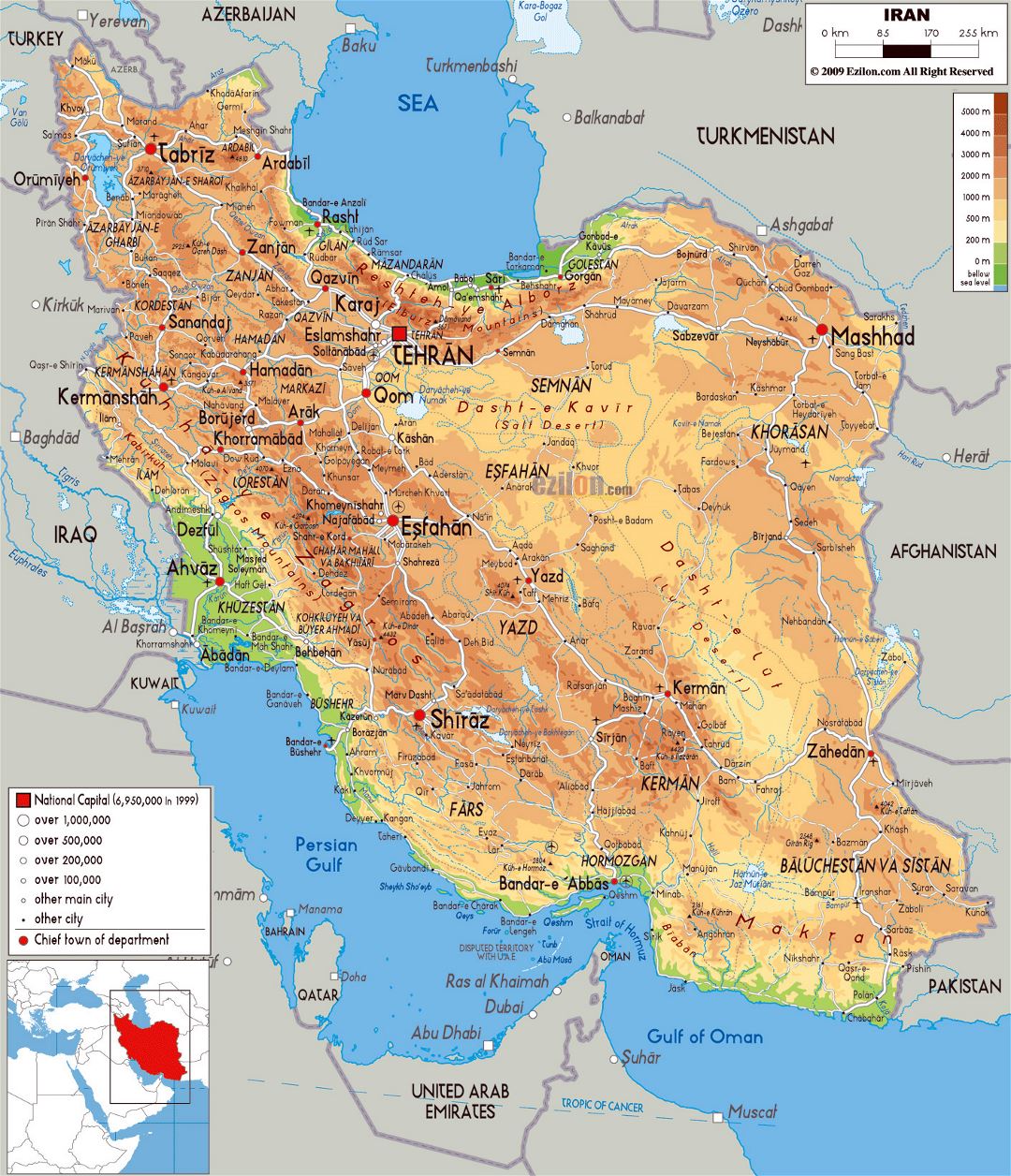 Large physical map of Iran with all cities, roads and airports
