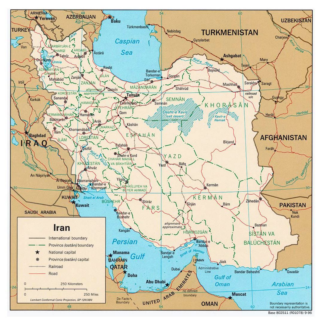 Large political and administrative map of Iran with roads, railroads and cities - 1996