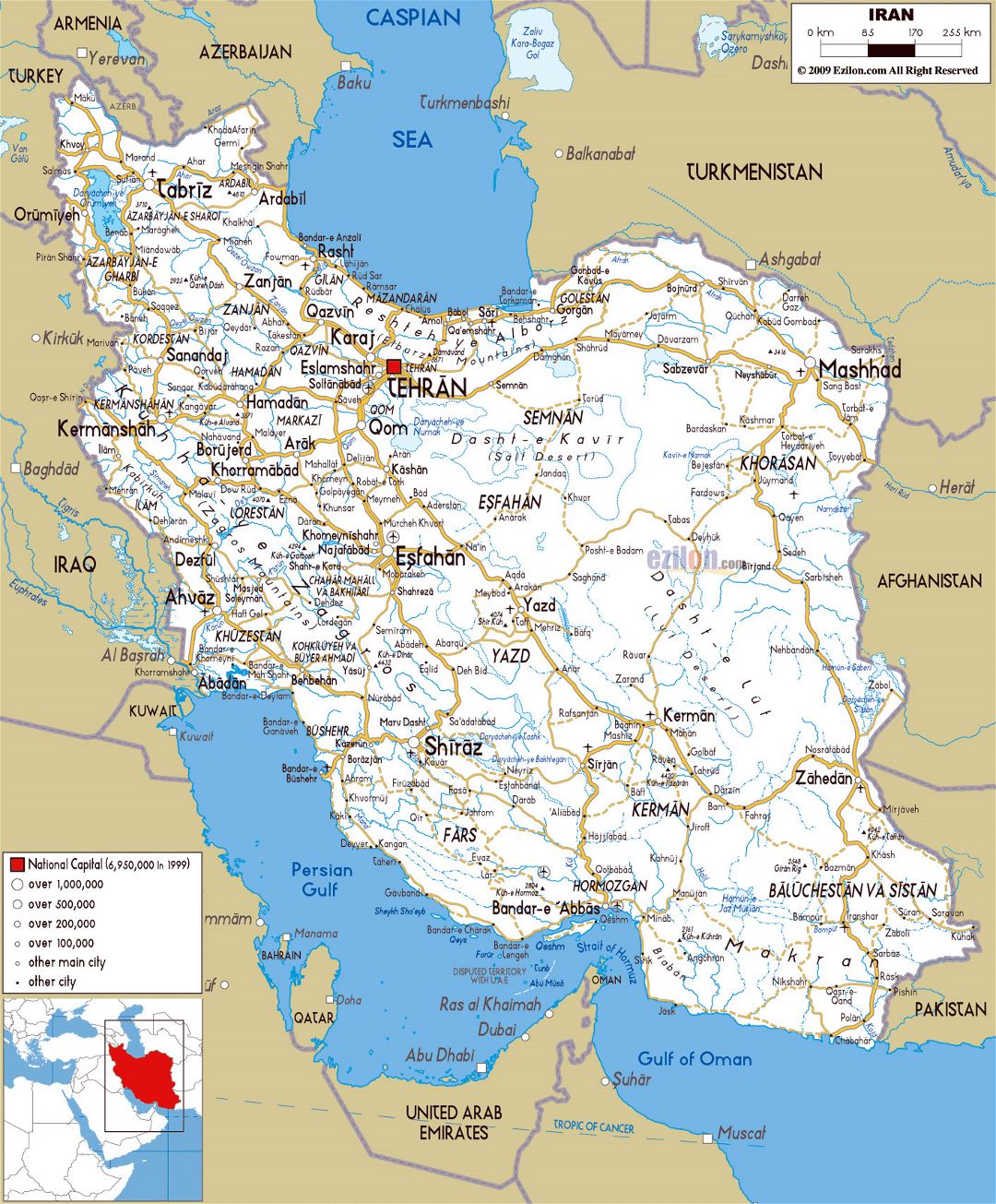 Large road map of Iran with all cities and airports