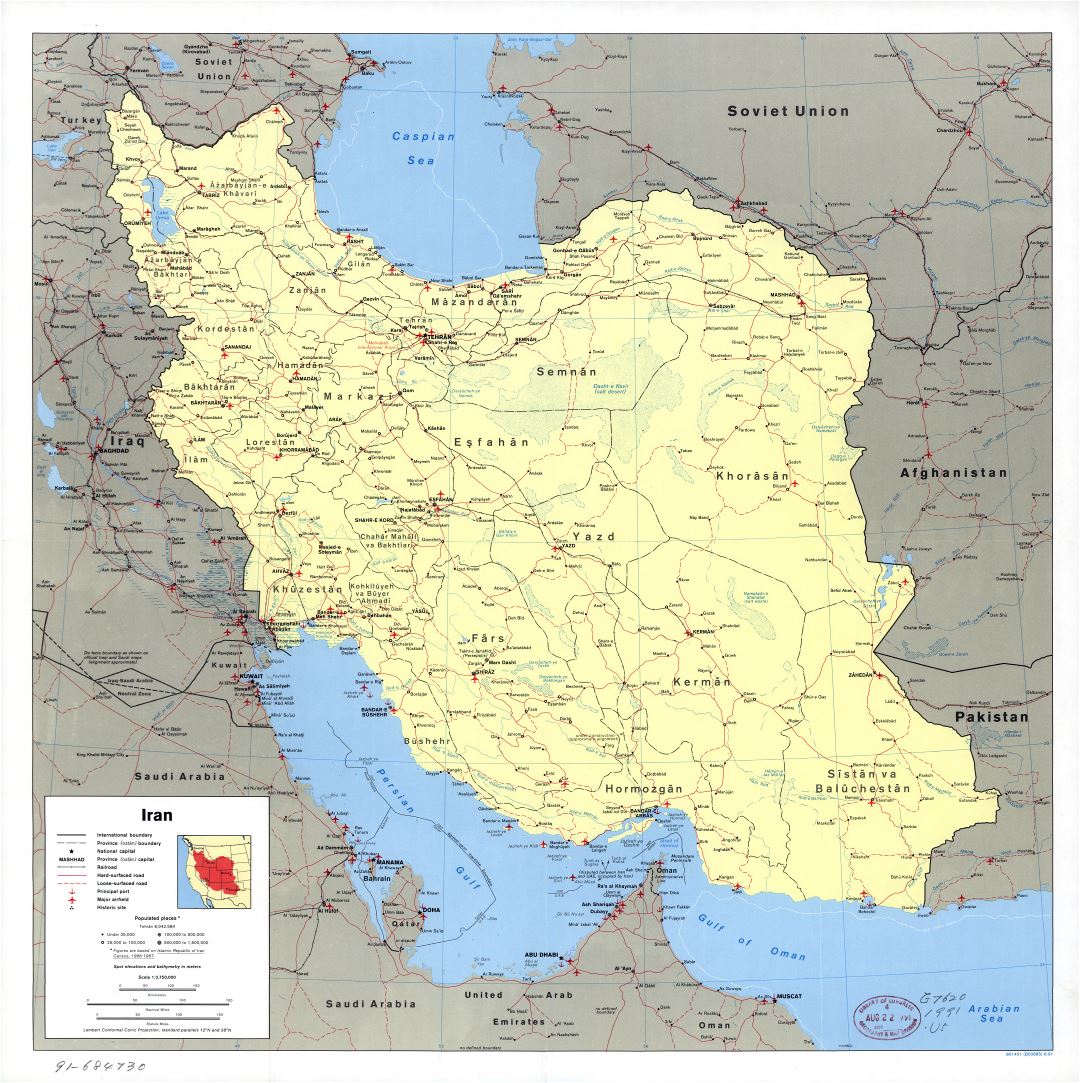 Large scale political map of Iran with all roads, railroads, cities, ports, airports and other marks - 1991