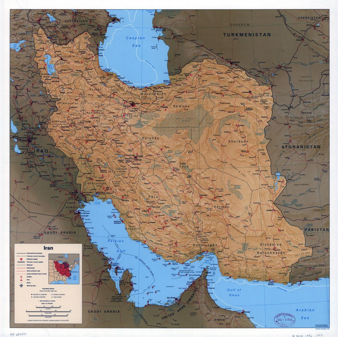 Large scale political map of Iran with relief, all roads, railroads, cities, ports, airports and other marks - 1996