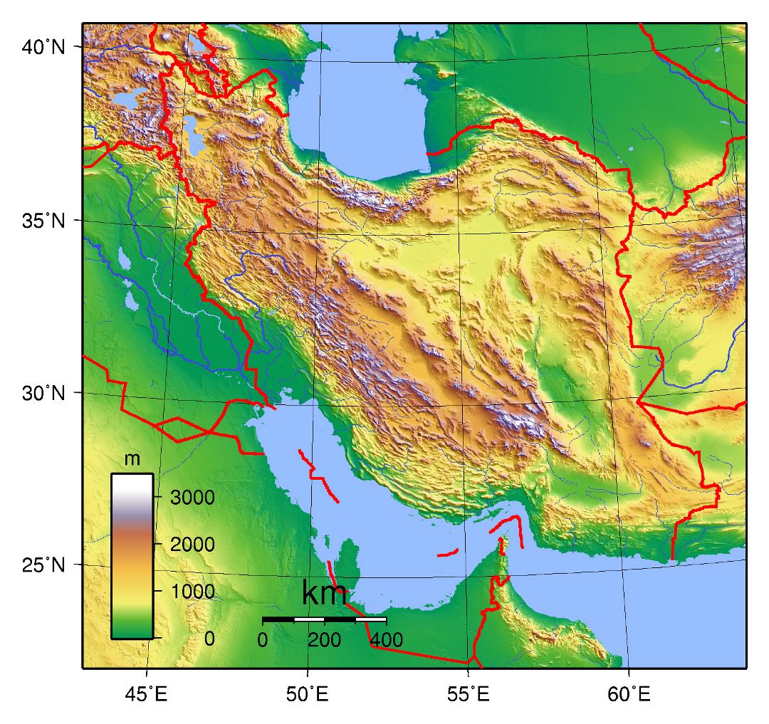 Large topographical map of Iran