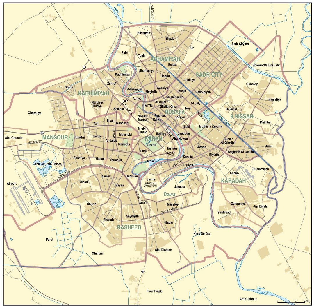 Large detailed road map of Baghdad