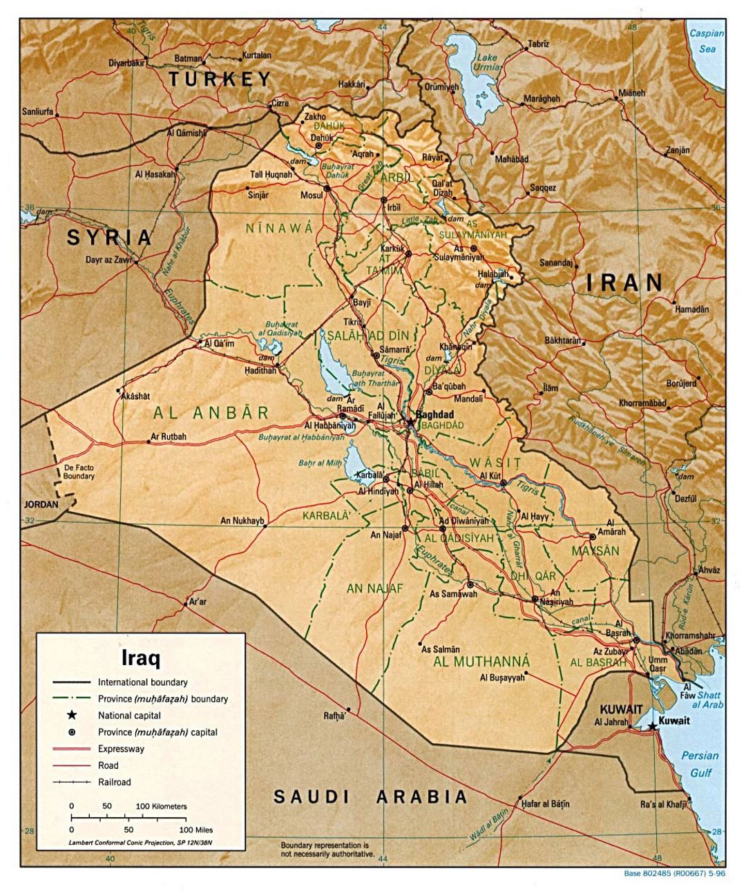 Detailed political and administrative map of Iraq with relief, roads, railroads and major cities - 1996