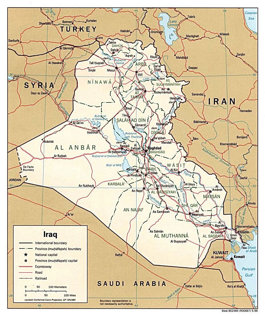 Detailed political and administrative map of Iraq with roads, railroads and major cities - 1996