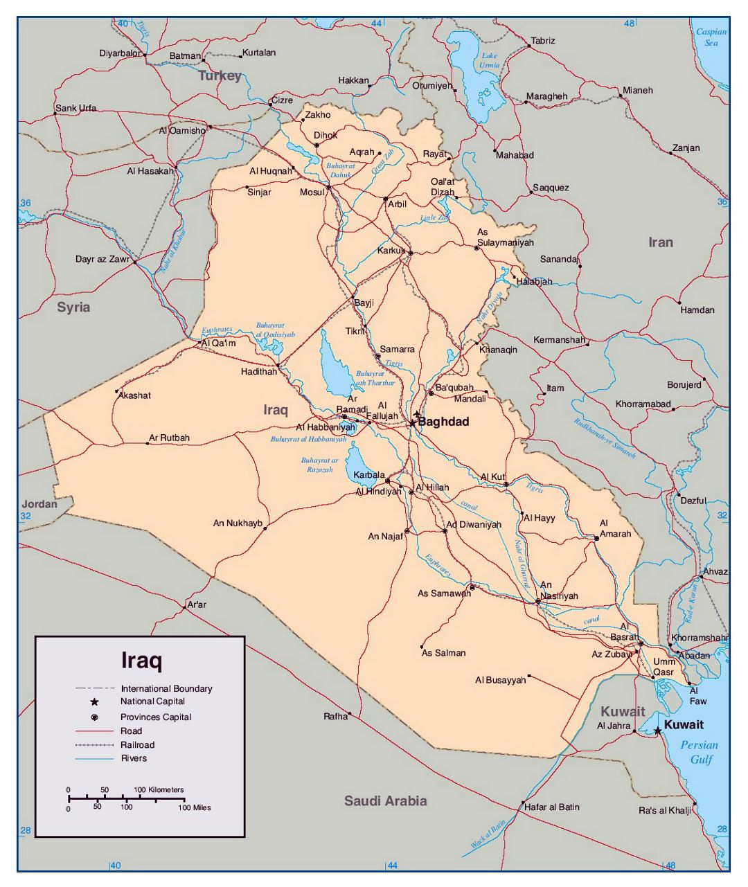 Detailed political map of Iraq with rivers, roads, railroads and major cities