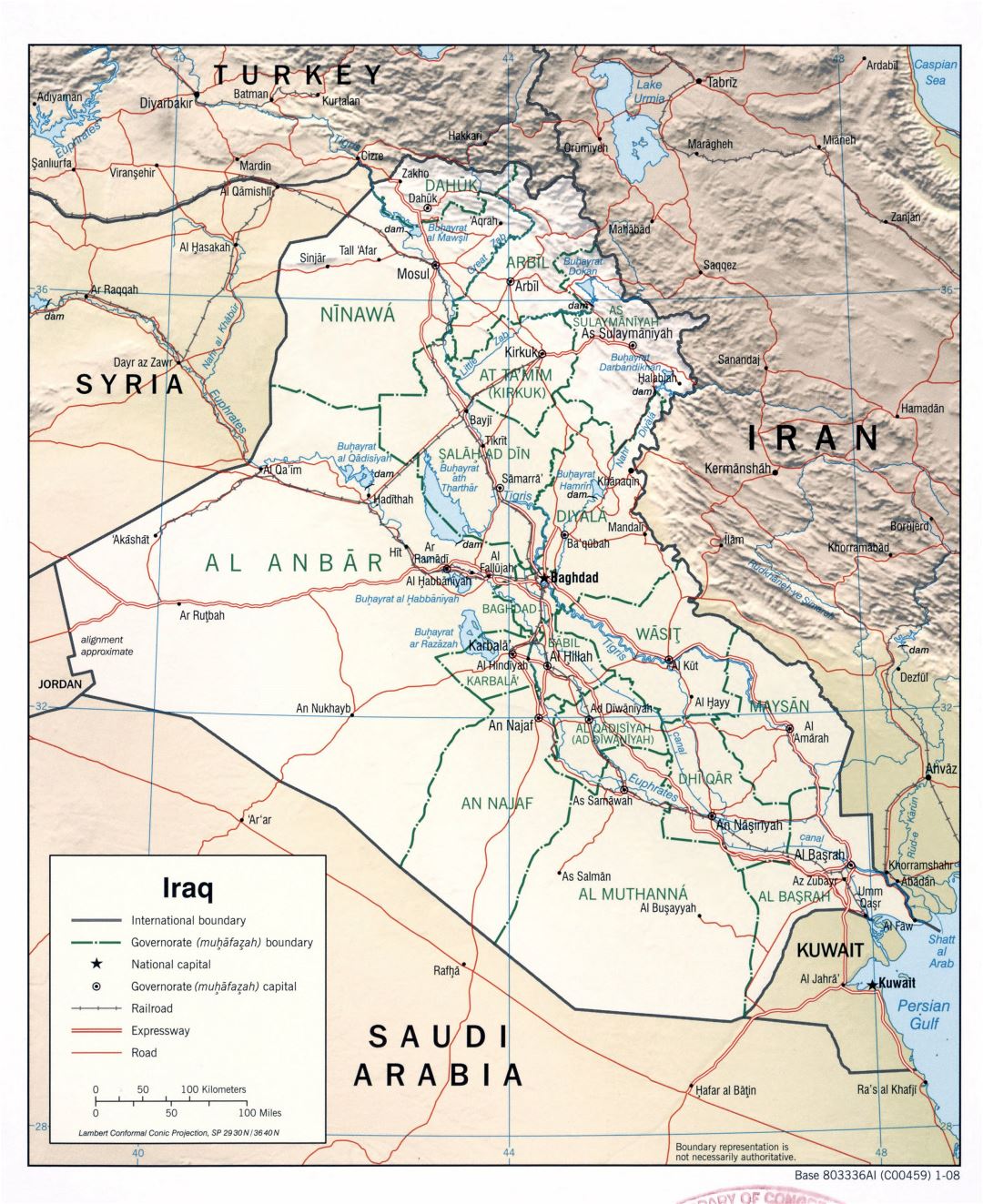Large detailed political and administrative map of Iraq with relief, roads, expressways, railroads and major cities - 2008