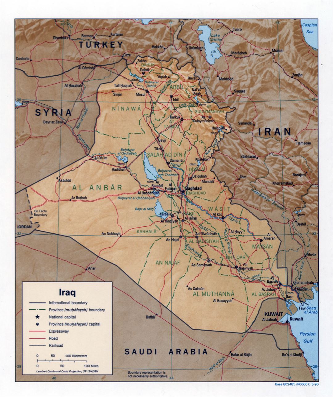 Large detailed political and administrative map of Iraq with relief, roads, railroads and major cities - 1996