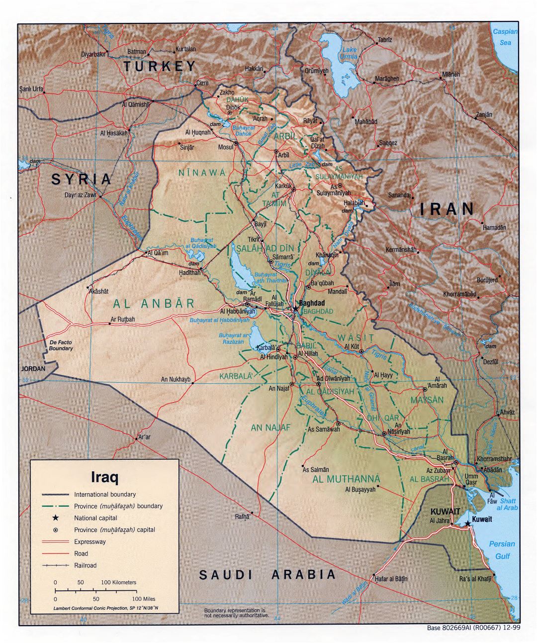 Large detailed political and administrative map of Iraq with relief, roads, railroads and major cities - 1999