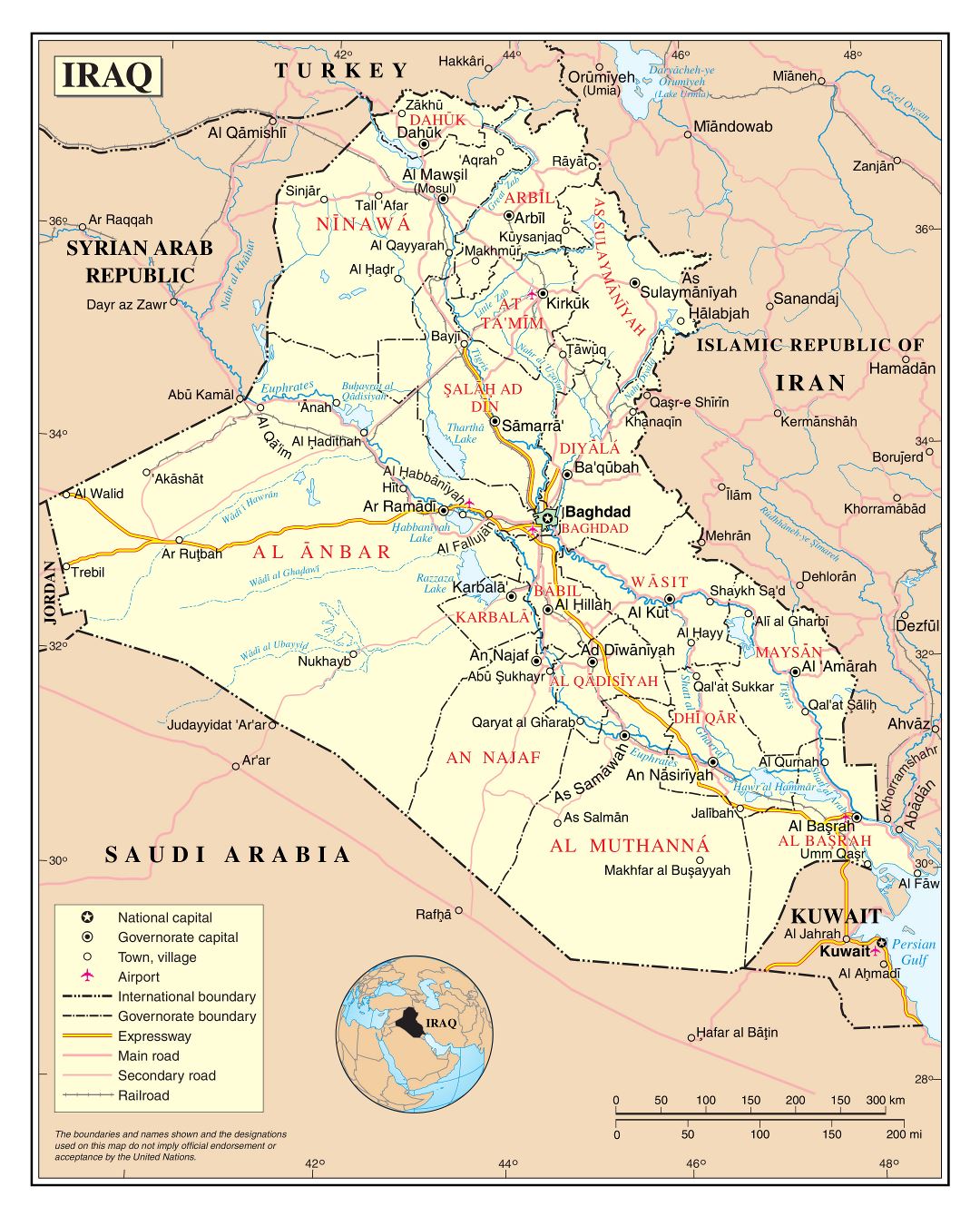 Large detailed political and administrative map of Iraq with roads, cities and airports