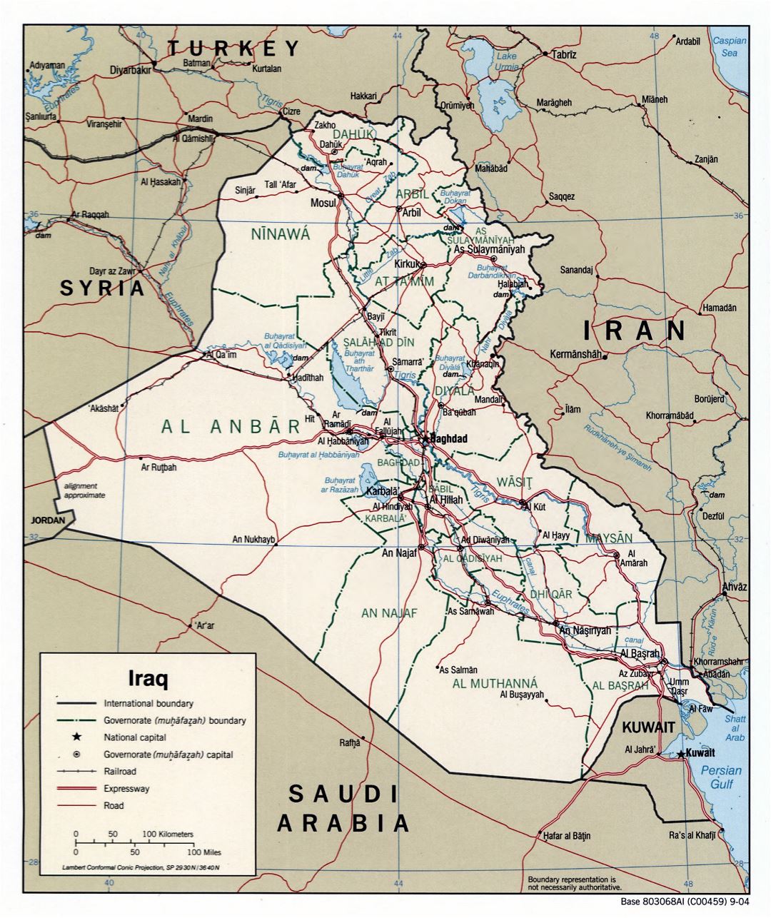 Large detailed political and administrative map of Iraq with roads, expressways, railroads and major cities - 2004