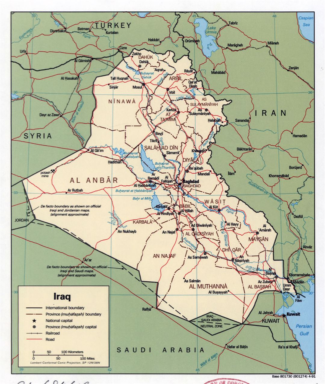 Large detailed political and administrative map of Iraq with roads, railroads and major cities - 1991