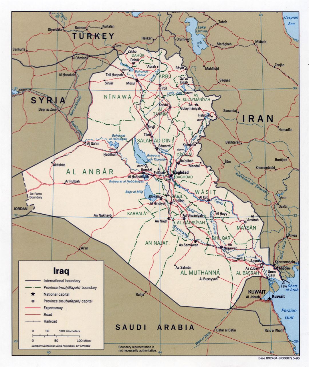 Large detailed political and administrative map of Iraq with roads, railroads and major cities - 1996