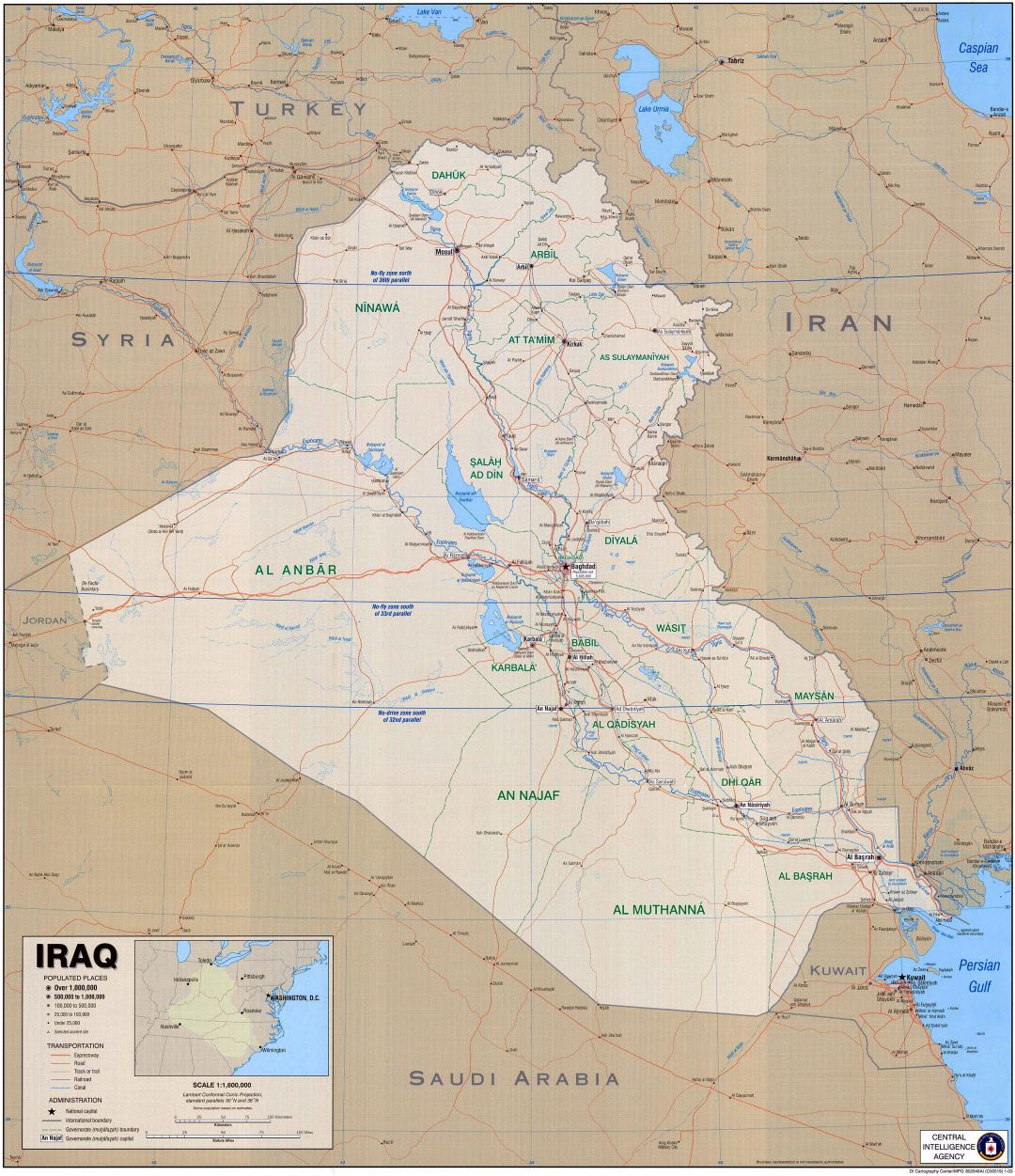 Large detailed political map of Iraq with roads, expressroads, cities and other marks - 2003